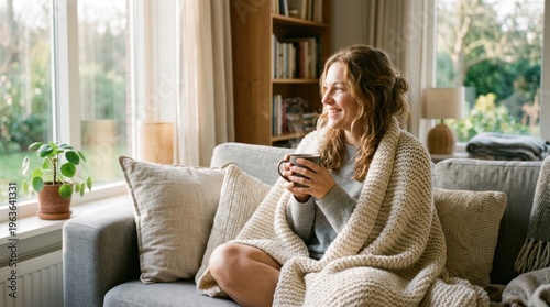 Smiling woman wrapped in a cozy blanket, relaxing on the sofa with a warm drink, looking out the window, enjoying a peaceful moment at home with natural light.