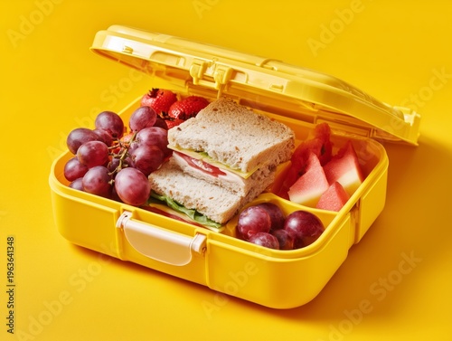 Colorful Lunchbox With Sandwiches, Fruit, and Grapes on a Yellow Background