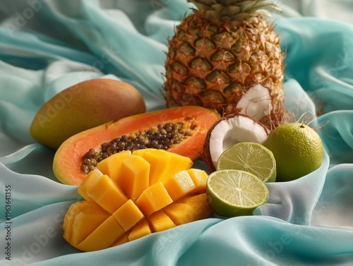 Fresh Tropical Fruits Arranged on a Cloth Background at a Kitchen Setting in ...