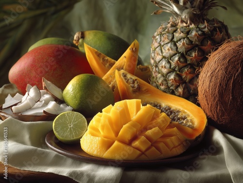 Fresh Fruits on a Table With Tropical Colors and Textures in a Kitchen Setting