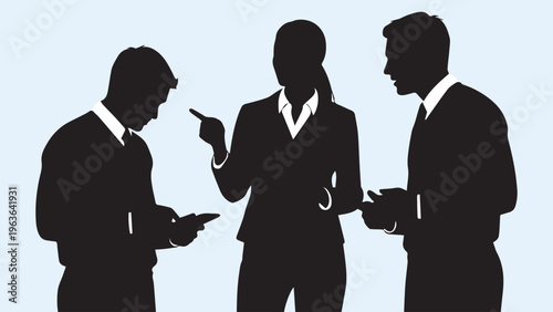 Professional business silhouettes of office colleagues in discussion, corporate team meeting and communication vector, coworkers talking in formal attire