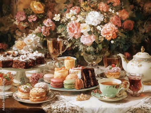 Tea Time Featuring Snacks and Flowers on a Table Set in a Cozy Room During Af...