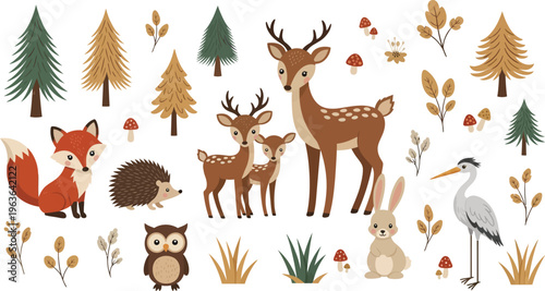 Forest animals and trees in a whimsical autumn scene with deer fox owl and other wildlife friends together