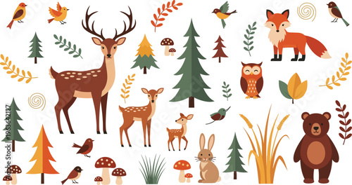 Whimsical forest animals and plants illustration with deer fox bear trees and foliage in earthy tones together