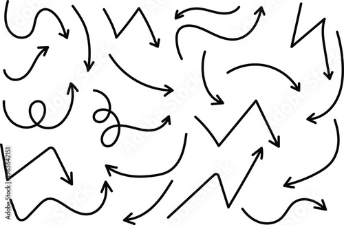 Hand-drawn Arrow Vector Line Icon Set. Hand-drawn Brush Chalk Stroke Arrow Curve, Thin Pencil Scribble Shape With Vintage Charcoal Crayon Texture. Doodles Up Down Arrow Symbol. Vector illustration