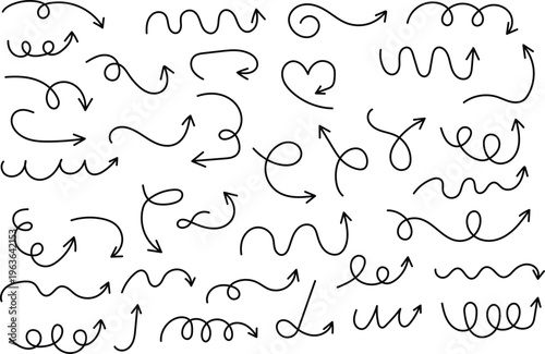 Hand-drawn Set Of Vector Curved Arrows. Sketch Doodles Style. Collection Of Pointers. Vector illustration
