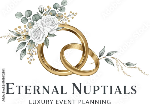 A logo for a luxury wedding planning company featuring intertwined gold rings with flowers