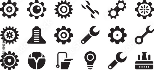 Industrial icons, gear and tool symbols, mechanical signs, 20 black vector graphics