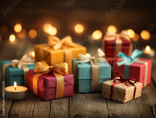 Colorful Wrapped Gifts and a Candle Create a Warm Atmosphere During a Festive...