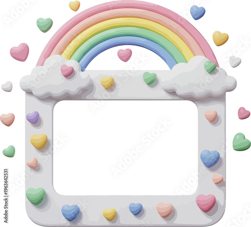 A colorful 3D illustration of a picture frame with a rainbow and hearts