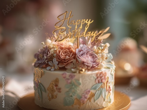 Beautiful Cake With Flowers and Leaves on a White Plate in a Bright Room