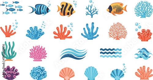 Colorful illustration of various coral reef sea creatures and plants on white background marine life