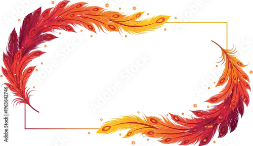 A vibrant and colorful illustration of a feather wreath with a square frame on a white background