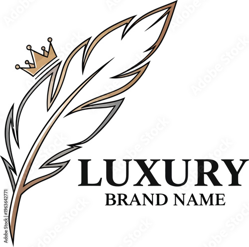 A luxury brand logo featuring a feather with a crown on a white background