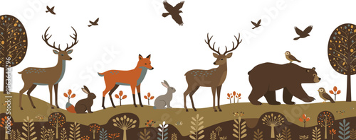 Forest animals and birds living together in harmony on a sunny hillside with trees and foliage