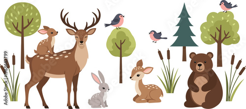 Whimsical forest scene with deer rabbit bear and birds in a natural setting with trees and foliage