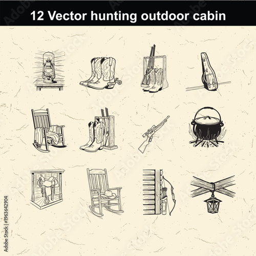 A collection of twelve vector illustrations featuring rustic hunting and outdoor cabin equipment items