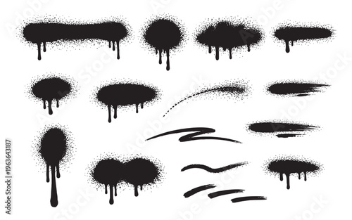 Spray splash black with paint vector background for isolated texture drip. Abstract grunge splatter with spray art graffiti for stain brush graphic. Design set spray with drop paint dot