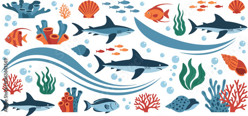 Colorful illustration of dolphins and various sea creatures in a vibrant underwater scene with coral and fish