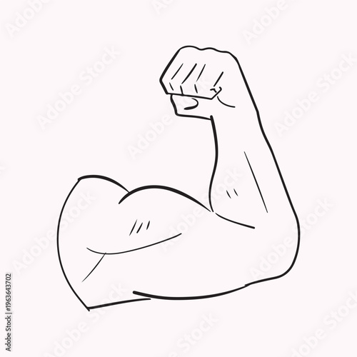 Simple black and white line art illustration of a muscular flexing bicep arm with clenched fist