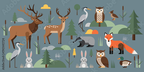 Colorful forest animals and wildlife in a natural forest habitat scene with trees and foliage everywhere outside