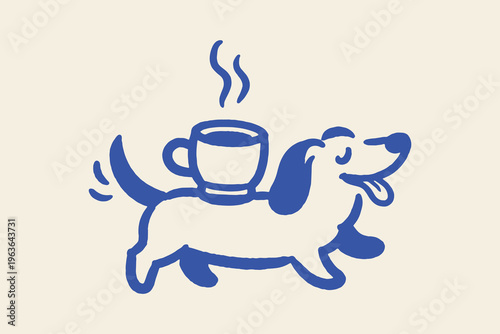 Dachshund carrying coffee naive hand drawn vector illustration