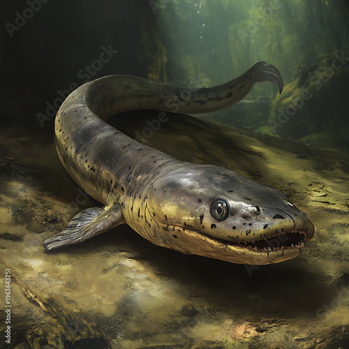 Dangerous eel creature with open jaws in muddy terrain cinematic capture high resolution picture