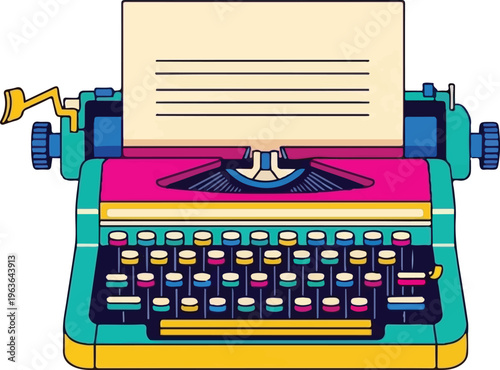 Vintage Typewriter with Paper Retro Writing Machine Vector Illustration