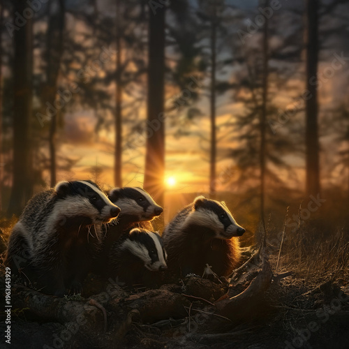 Badgers standing in the forest in the evening with setting sun shining. Group of wild animals in nature.