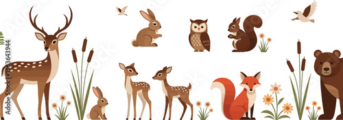 Whimsical forest animals gathered in a serene natural setting with plants and flowers