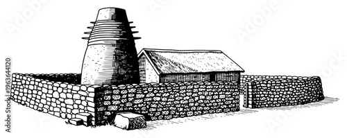 Ancient stone tower and fortified enclosure hand drawn vector illustration