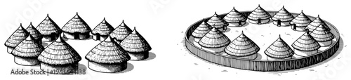 Primitive round huts village with wooden palisade hand drawn vector illustration