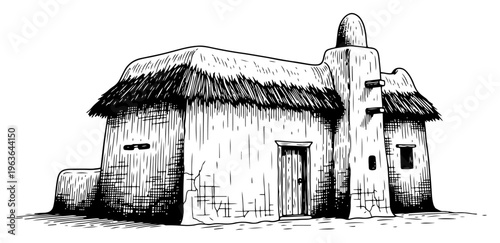 Hand drawn ink sketch of adobe house with thatched roof