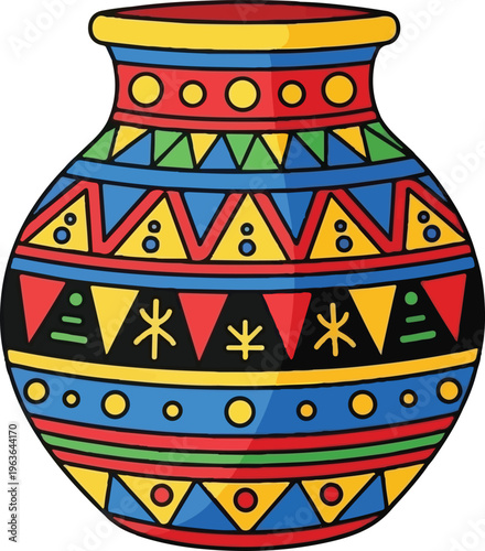Colorful Tribal Pattern Vase Decorative Ethnic Pottery Vector Illustration