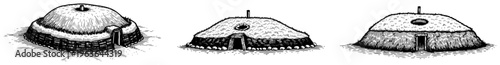 Indigenous earth lodge style round hut black and white vector illustration