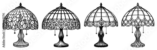 Set of vintage stained glass table lamps hand drawn vector illustration