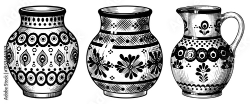 Vintage ink engraving set of folk ceramic vases and jug