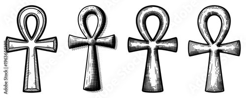 Vintage ink engraving set of Egyptian ankh symbols