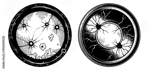 Cracked moon and planetary surface engraving style vector illustration set