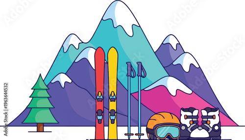 Winter Mountain Ski Equipment Snow Adventure Vector Illustration
