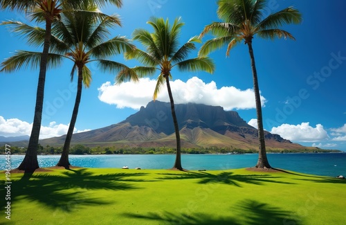 Green lawn borders calm blue ocean water with palm trees foreground. Majestic mountain landscape rises behind tropical coastline under clear sky. Idyllic island paradise setting, perfect for travel