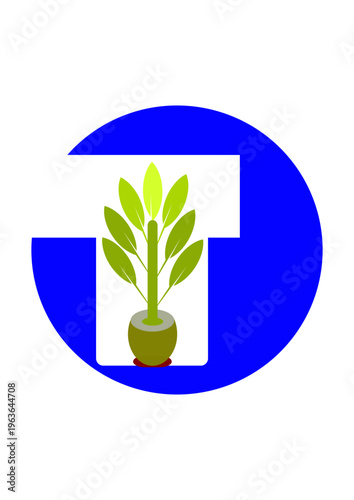 Modern Letter T Logo with Plant Icon in Blue Circle