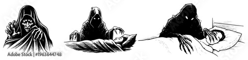 Creepy hooded grim reaper figures in dark engraving style vector illustration