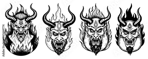 Set of horned demon masks in flames vintage ink engraving