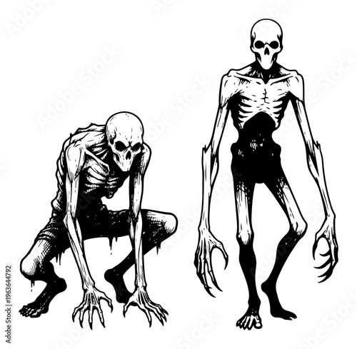 Creepy lanky skeleton creatures drawn in ink style