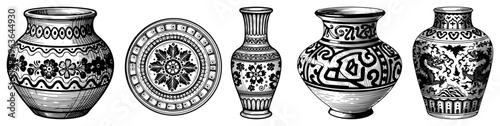 Hand drawn ink sketch set of folk ceramic vases and decorative plate