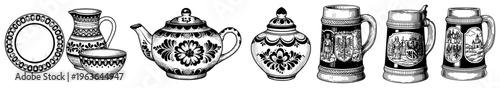 Hand drawn ink sketch set of vintage tea set and folk mugs