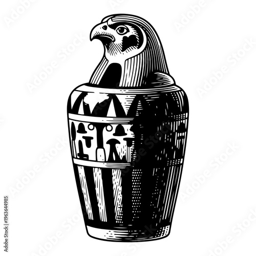 Ancient Egyptian canopic jar with falcon lid engraving style vector illustration