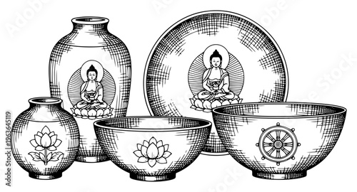 Hand drawn Buddhist temple ceramic vessel set with Buddha motifs vector illustration