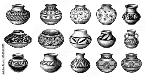 Hand drawn collection of decorative tribal pottery jars vector illustration